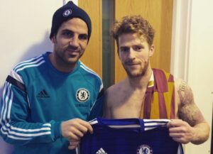 Billy Clarke and Cesc Fabregas following the Bantams' victor over Chelsea in the FA Cup. Billy later raffled off the shirt to raise funds for Bradford Hospitals' Charity.