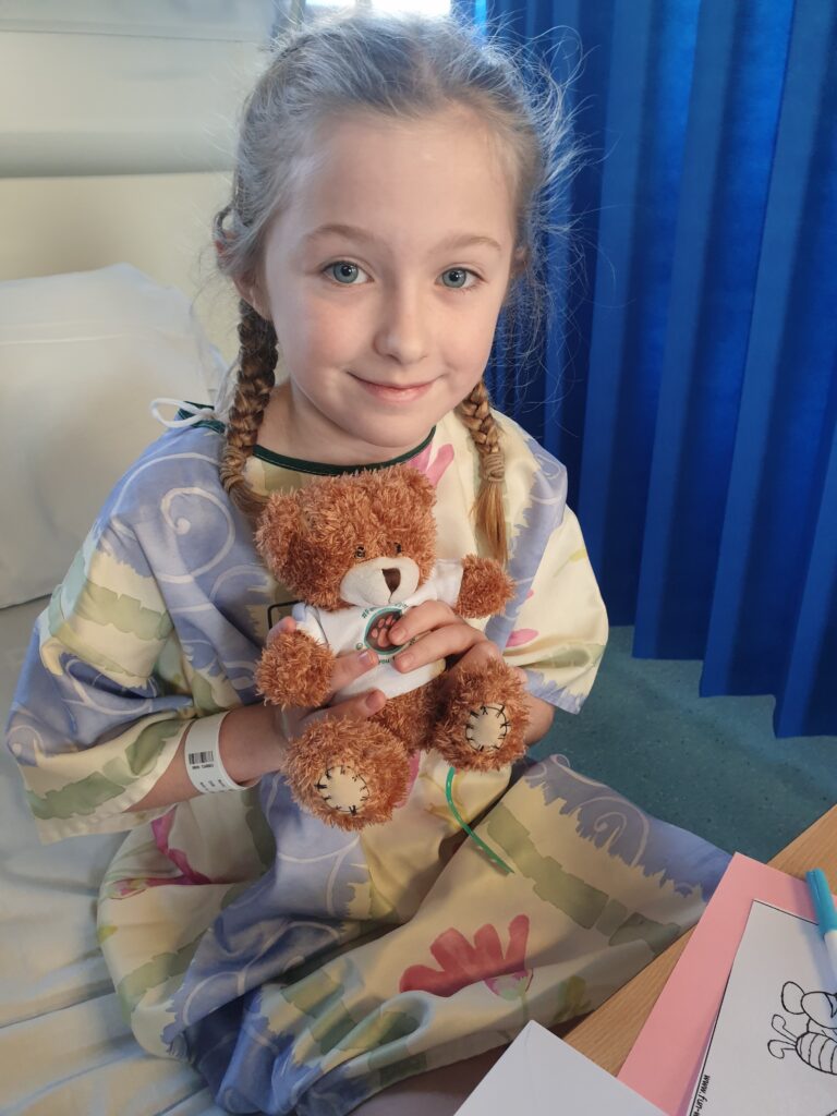 Orlagh and Baggins the Bear in Hospital